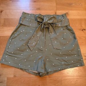 Mine for Anthropologie Olive Green Polka Dot Paperbag Waist Shorts, Size S, NWOT